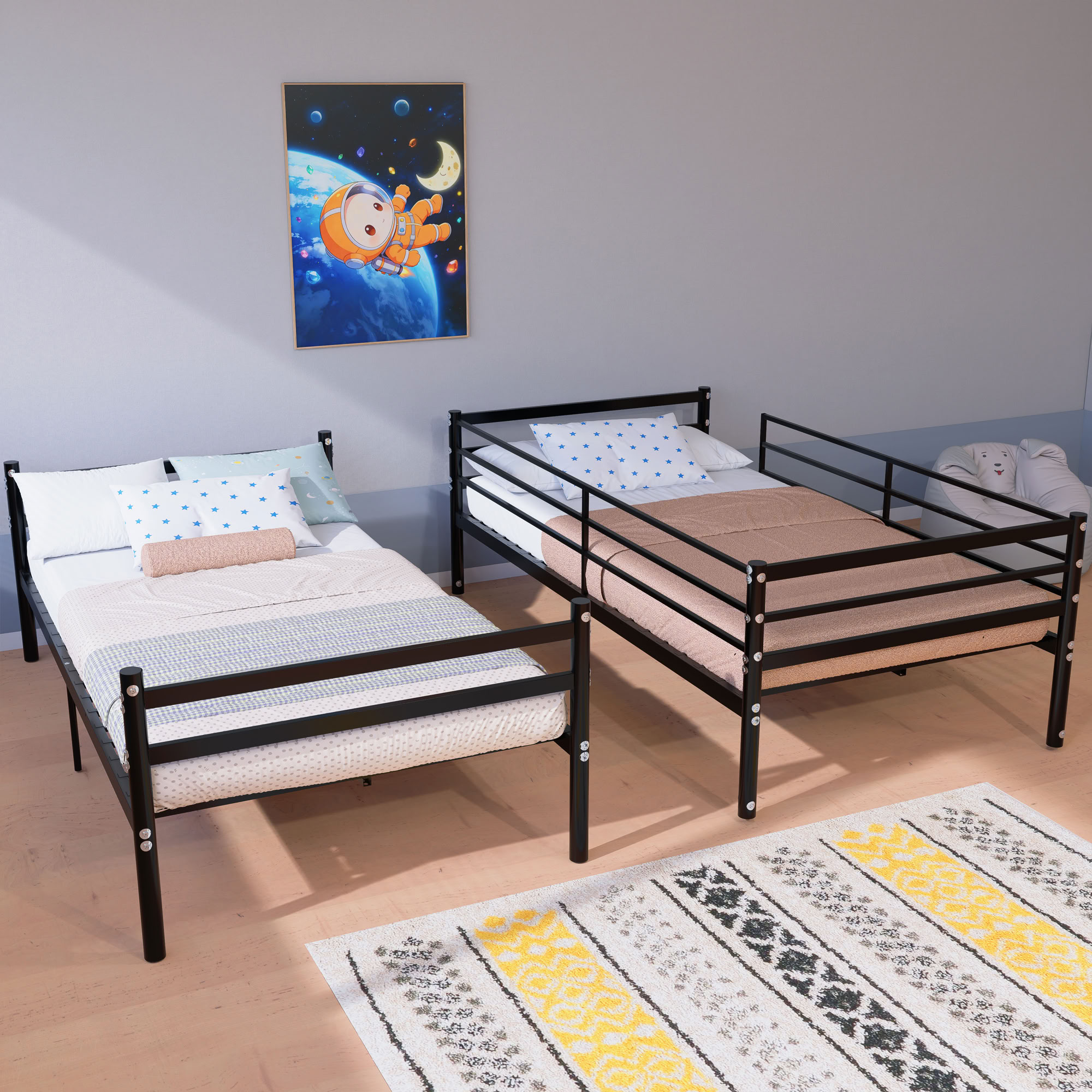MAYEERTY Twin Over Twin Metal Bunk Bed, Heavy Duty Frame with Ladder and Guardrail for Kids Adults, Black