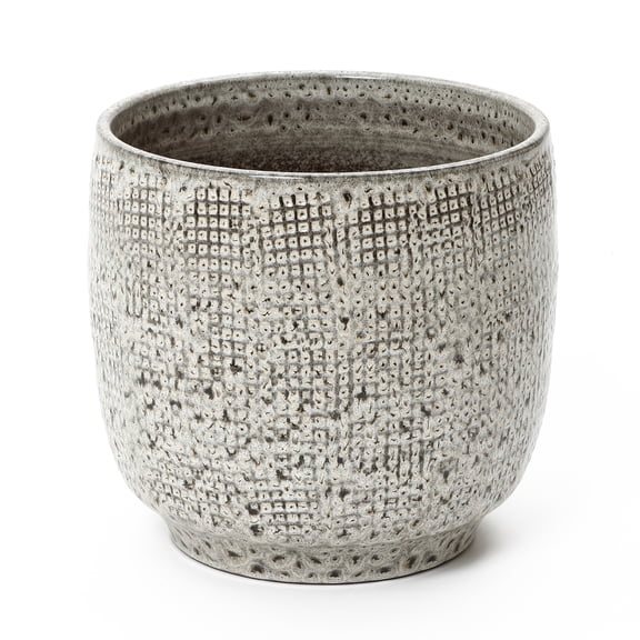 LuxenHome Stone Speckle Textured Ceramic Planter, 12" Gray Grid-Pattern Pot for Indoor/Outdoor Decor