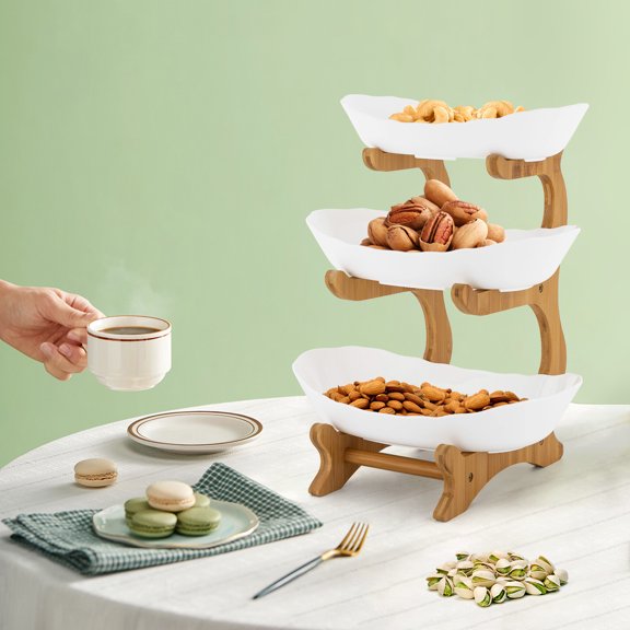 Snack Dessert Cake Tray Plate Rack for Party Wedding, 3-Tier Serving Bowls with Stand, White Fruit Bowl with Bamboo Wood Stand