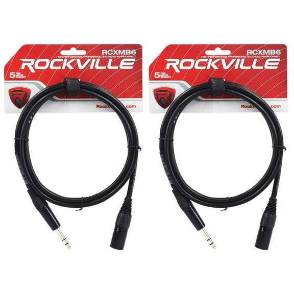 2 Rockville RCXMB6-B Black 6' Male REAN XLR to 1/4'' TRS Balanced Cables