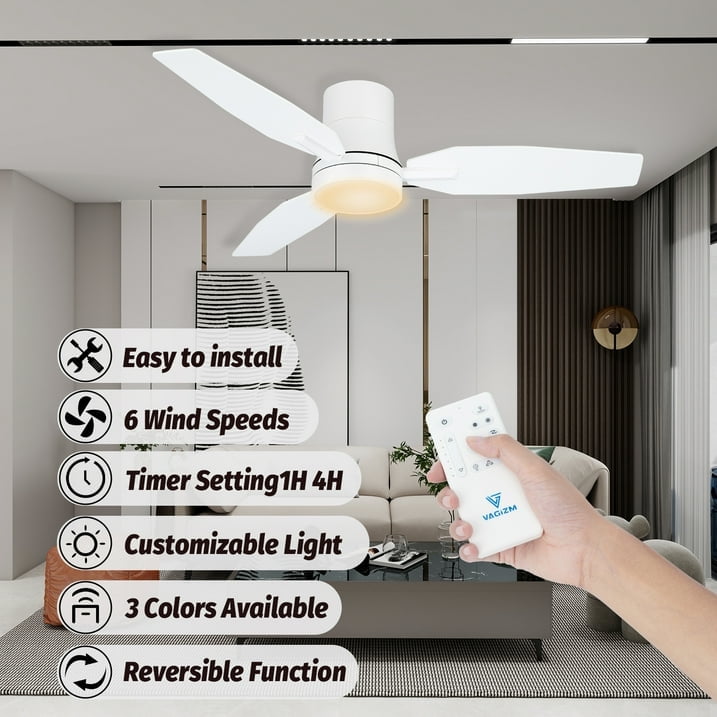 Vagizm 42 Inch Flush Mount Ceiling Fan with Light - 3 Blades Modern Ceiling Fan for Living Room and Bedroom - Quiet DC Motor - Dimmable - Reversible Function - White