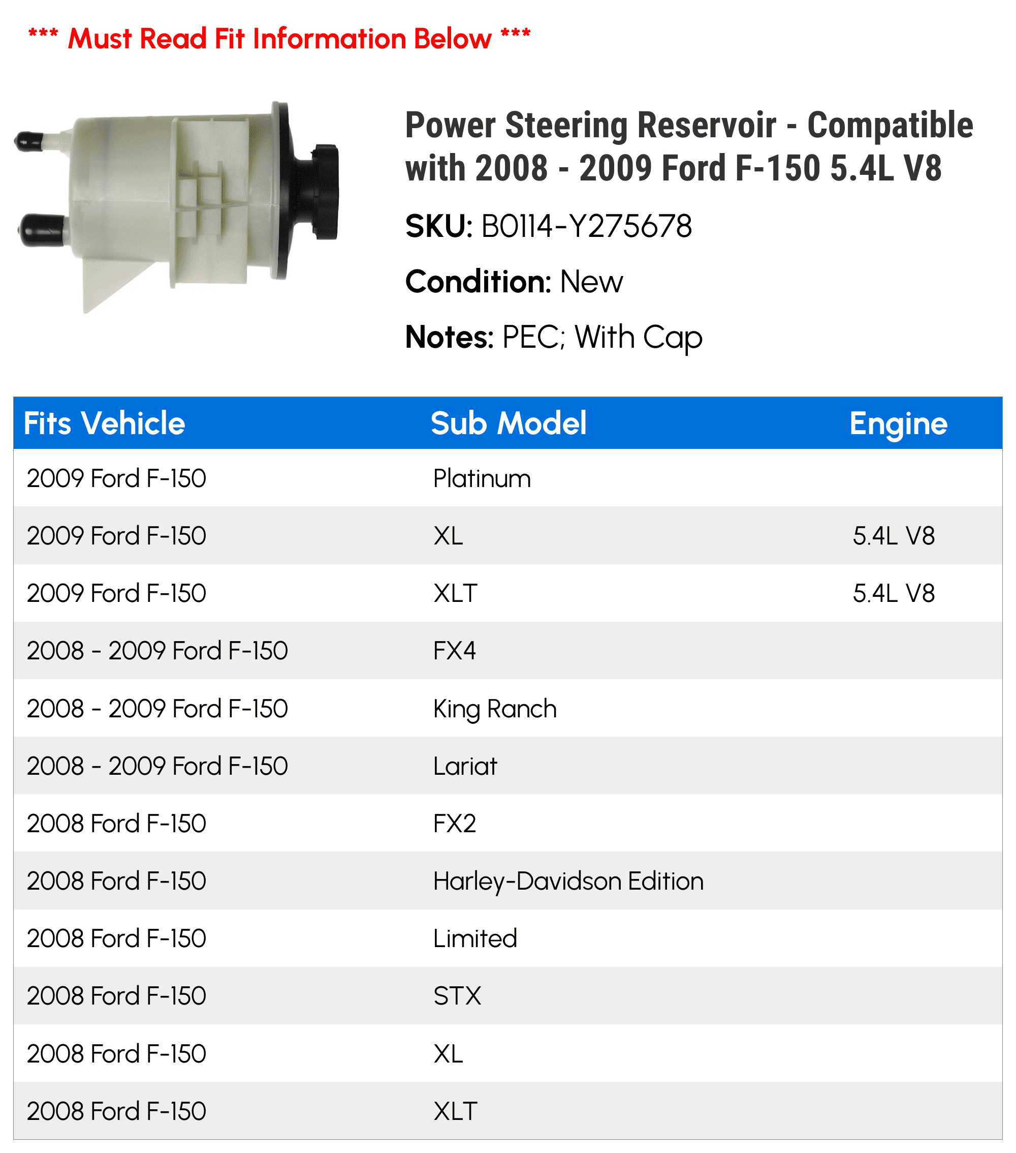 Power Steering Reservoir - Compatible with 2008 - 2009 Ford F-150 5.4L V8