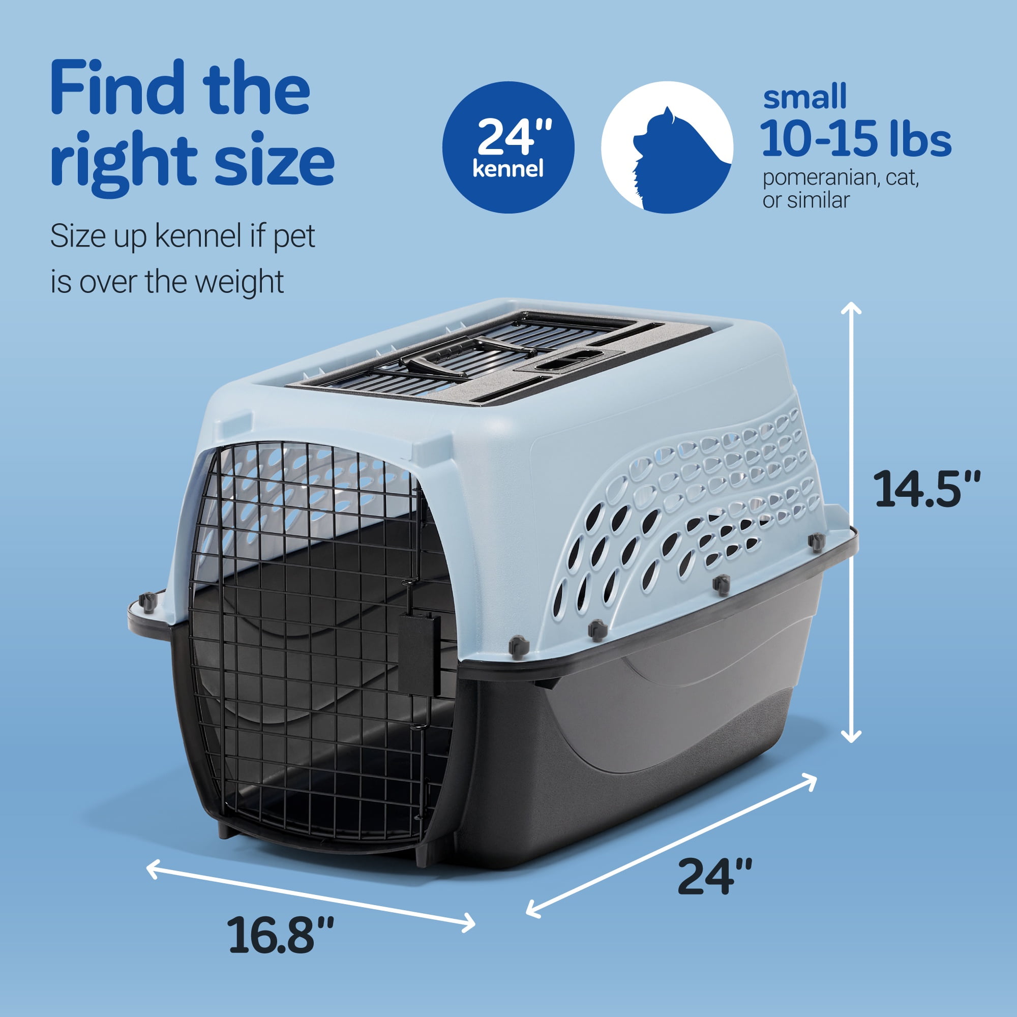 Petmate Plastic Carrier for Dogs & Cats, 2 Door Top Load Travel Kennel, Blue, for Dogs & Cats up to 15 lbs, Medium, 24" x 14.50" x 16.76"
