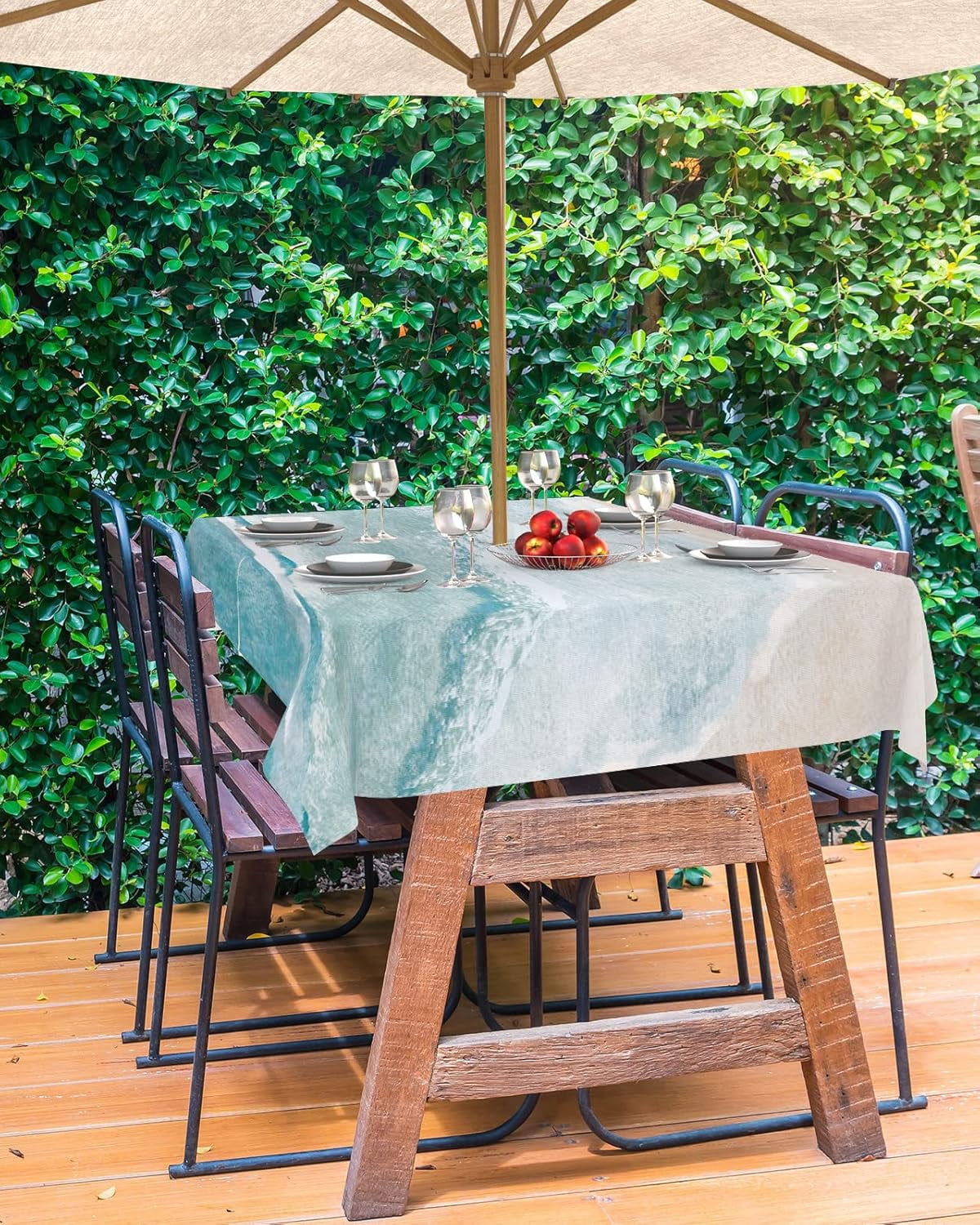 Summer Beach Outdoor Tablecloth - 60x102 Inch Rectangle Dining Table Cover, Coastal Ocean Nautical Seaside Aqua Beige Waterproof Outdoor Table Cloth with Umbrella Hole & Zipper for Picnic/Patio/Party