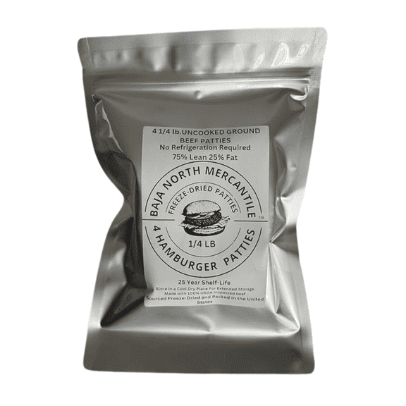 Four 1/4 lbs Raw Freeze-Dried 75/25 USDA inspected Ground Beef Patties. 1 lbs. total when Rehydrated. Designed for Backpackers, Campers, Survivalist, Hunters and Emergency Prep. 25 Year Shelf Life