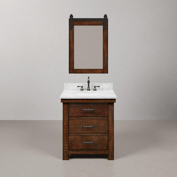Aberdeen 30" White Marble Countertop Sink Vanity in Rustic Sienna with Mirror