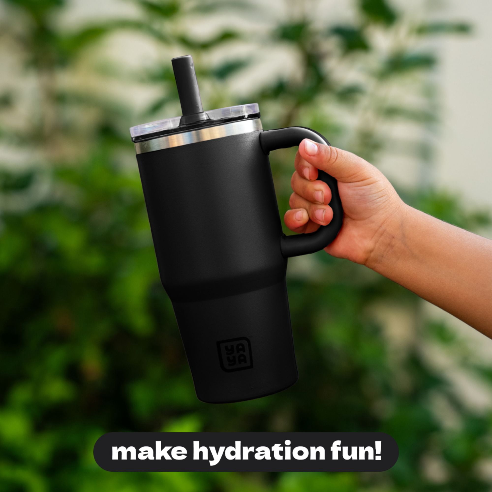 YAYA My First Travel Tumbler for Preschool & Kids 3+, Insulated Stainless Steel Tumbler with Reusable Silicone Straw & Spill-Proof Lid, Cup Holder Compatible, BPA-Free, 12oz, Black