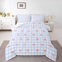Homewish Kawaii Cartoon Bowknot Queen Comforter Set for Girls, Dreamy Blue Buffalo Plaid Bedding Sets, Cute Bow-tie Reversible Bedding Comforter Set, Super Cozy Room Decor, 3pcs