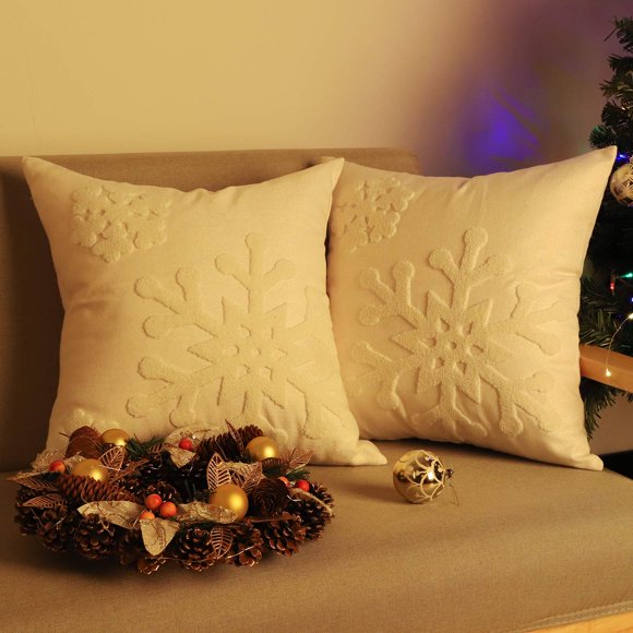 Lewondr Christmas Throw Pillow Cover, 2 Pack Snowflake Embroidery Decorative Throw Pillow Case Linen Sofa Cushion Cover for Party Thanksgiving Day Xmas Decor 18"x18"(45x45cm) - White