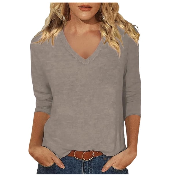 Top de manga tres cuartos con cuello en V para mujer, estilo casual y moderno, para el verano - Material de poliéster, ligero y transpirable - Para el día a día, actividades al aire libre y fiestas