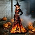 thumbnail image 2 of Witch Dress for Women Halloween Long Sleeve Lace V Neck Vintage Gothic Maxi Dress Allover Halloween Print Haunted House A Line Party Dress, 2 of 6