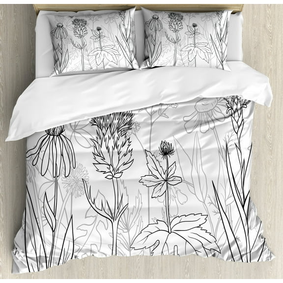 Thistle King Size Duvet Cover Set, Botanical and Medical Herbs Pattern as Silhouette Wildflowers Print, Decorative 3 Piece Bedding Set with 2 Pillow Shams, Black White and Pale Grey, by Ambesonne
