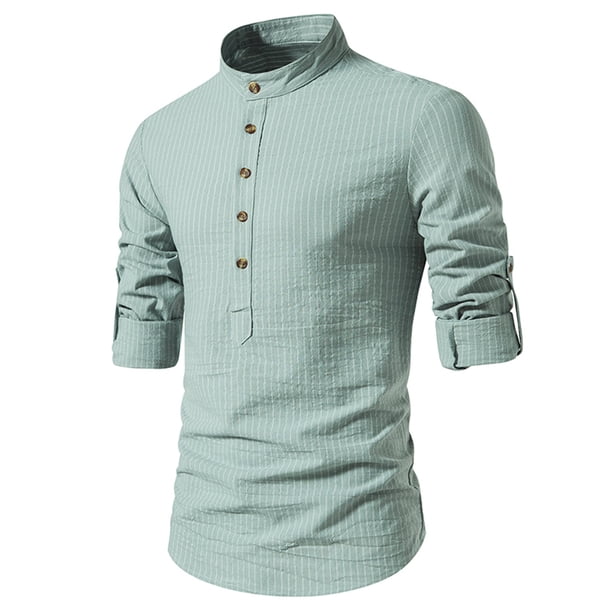 Blusa y camisa de manga larga con cuello alto para hombre, informal, con botones y rayas, blusa de manga larga con cuello alto, blusa para hombre