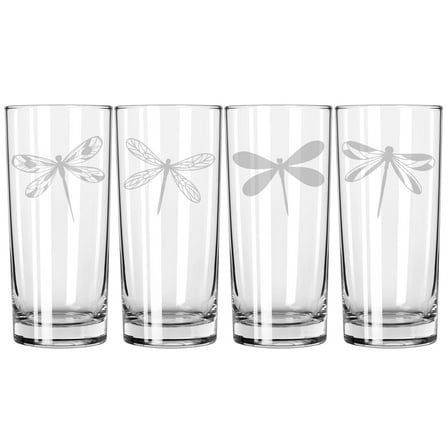 Set of 4 Highball 15 oz Tall Beverage Drinking Glass Tumbler Gift Dragonfly Collection