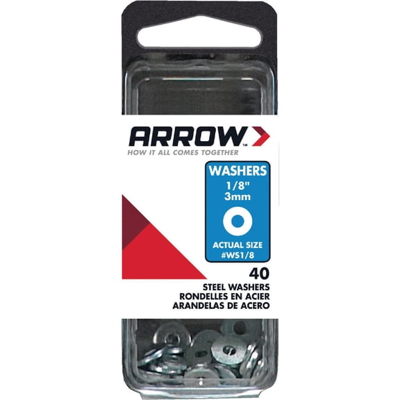 Arrow WS1/8 Steel 1/8-Inch Flat Washers for Screws, Bolts, and Rivets for Metal and Auto Repair, 40-Pack