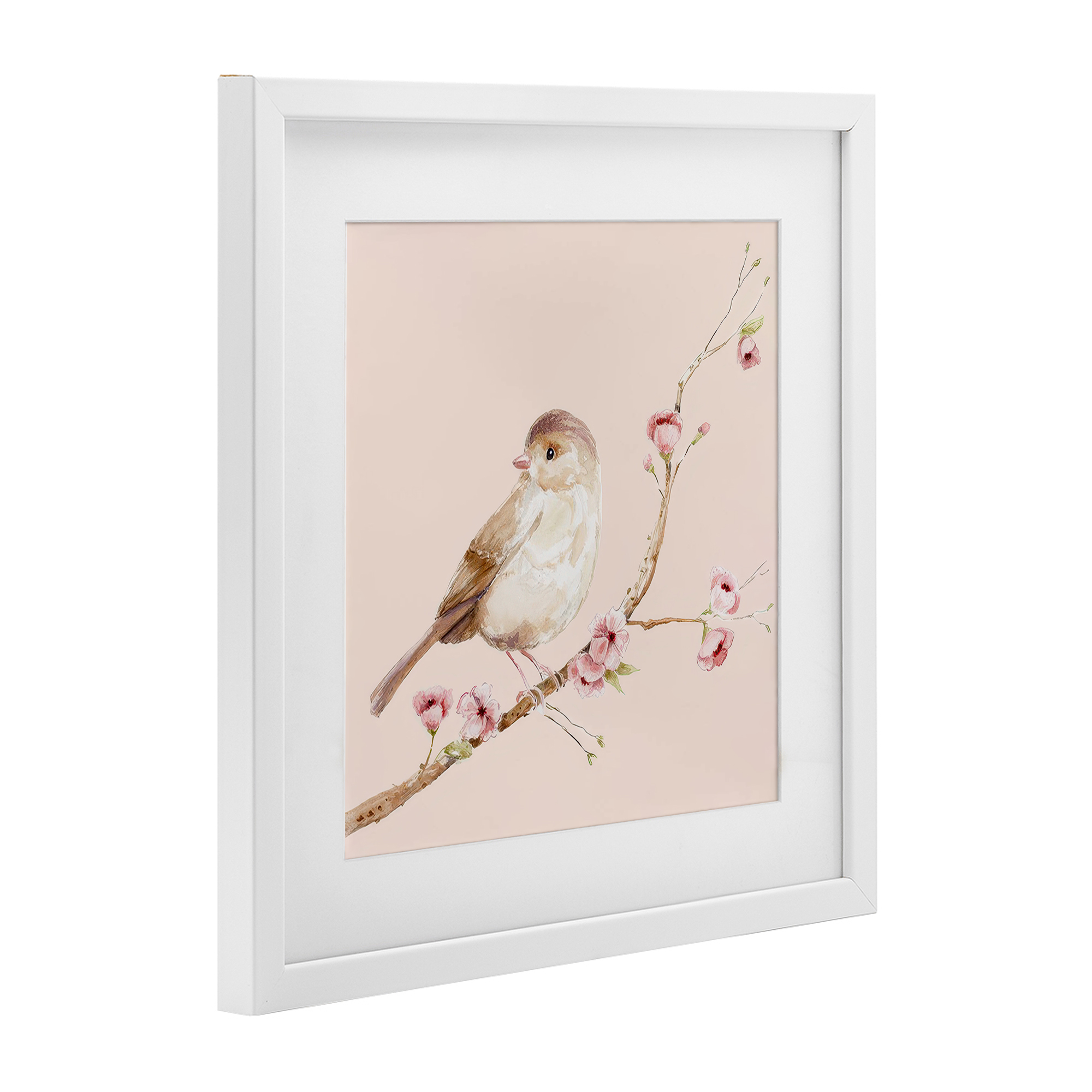 Sweet Brown Bird Perched White Framed Print Under Glass, design by Lisa Wehmeyer