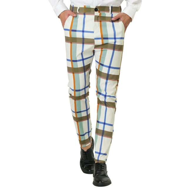 INSPIRE CHIC Pantalon Habillé Formel pour Homme à Carreaux Coupe Ajustée à devant Plat 36 Beige Bleu