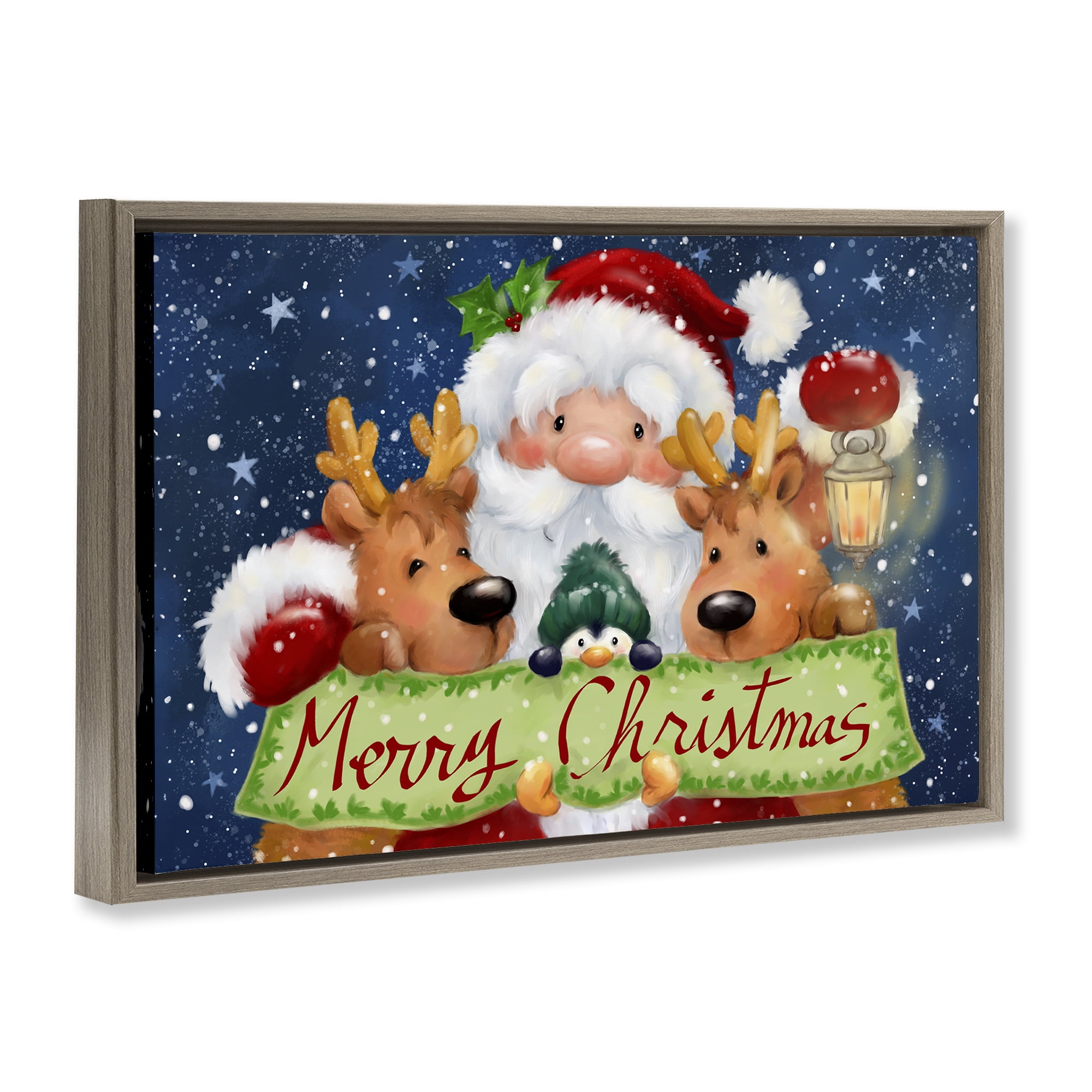 Stupell Industries Santa with Lantern Christmas Holiday Painting Brown Floater Framed Canvas Art Prints Wall Art, 31 x 21