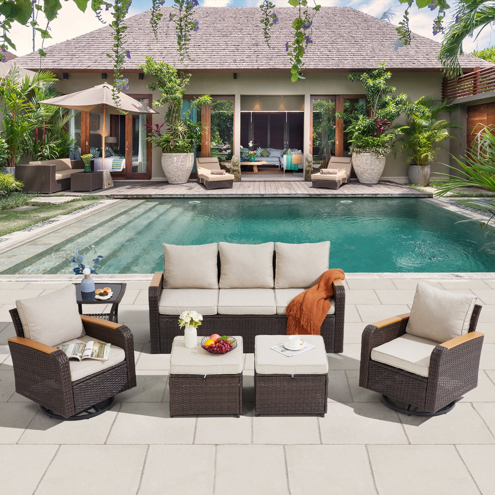 6 Pieces Wicker Patio Furniture Sets, Outdoor Conversation Set PE Rattan Sectional Sofa Couch with Swivel chairs Ideal for Indoor Porch Deck Bistro Lawn Garden Backyard Poolside-Khaki