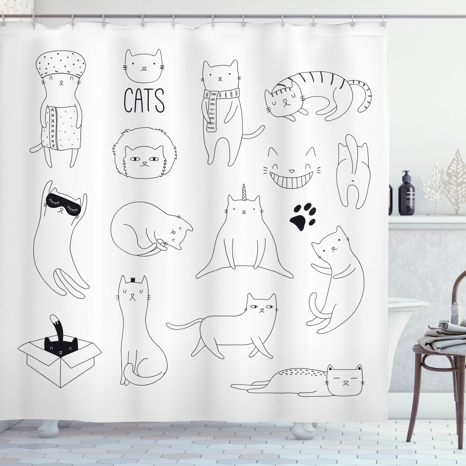 Cats Shower Curtain, Cat Scribbles Cute Lovers in a Box Grumpy Look Kitten Cuteness with