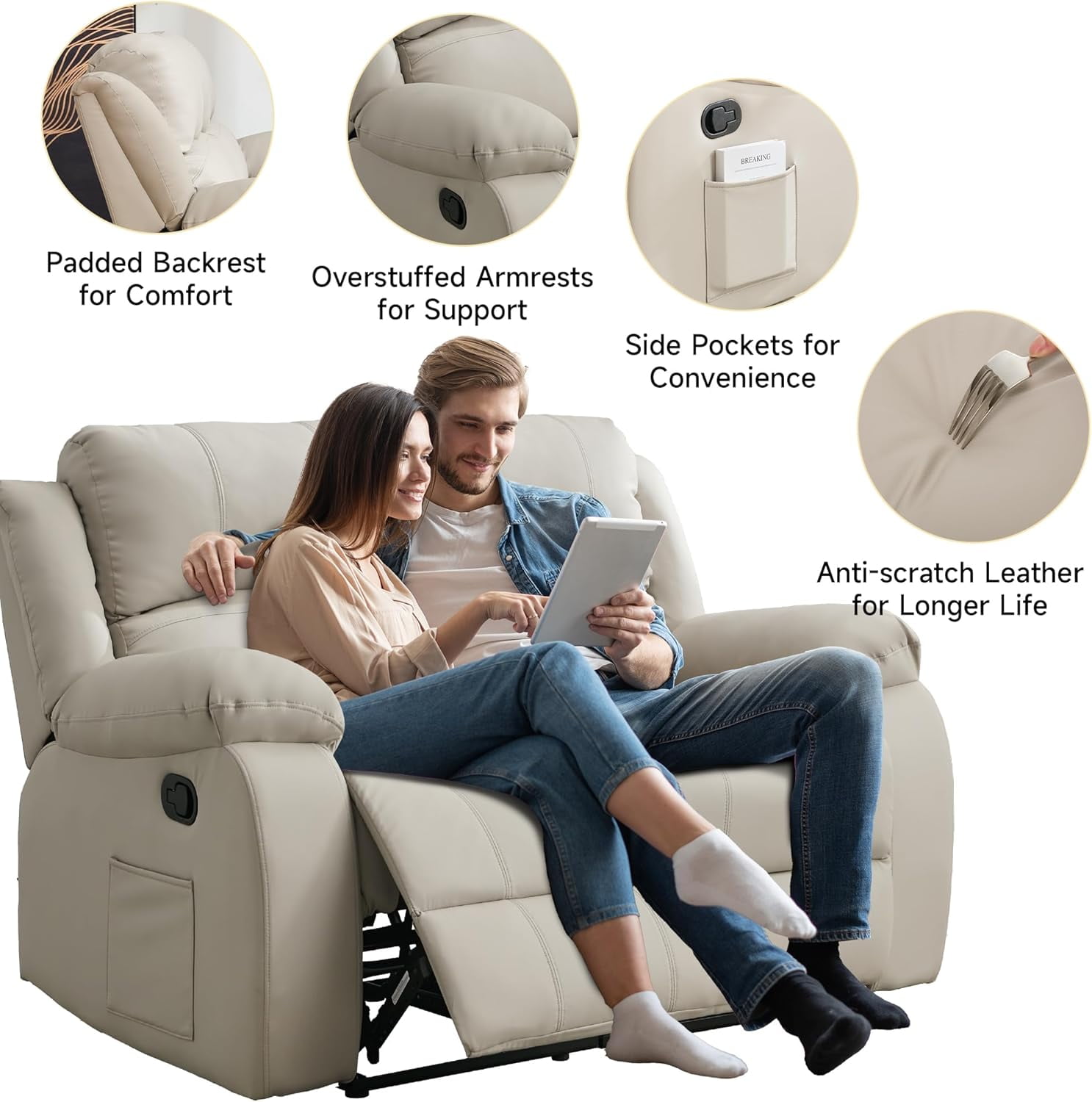 Chizzysit Reclining Couch Sleeper Sofa Set Chaise Lounge Chair Leather Recliner Couch Loveseat for Living Room, Theater Seating - Beige
