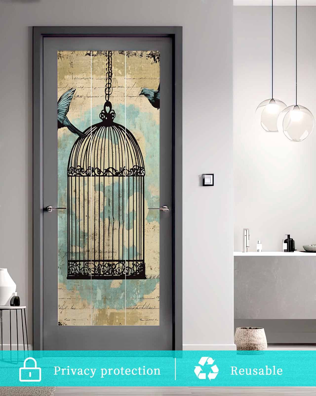 Window Privacy Film Teal Vintage Birds Stained Glass Window Film Decorative Sun Block Window Cover Retro Birdcage Watercolor Window Clings Static Adhesive Sticker for Bathroom 23.6"x59"
