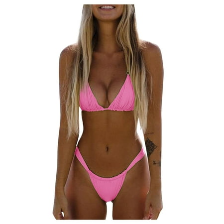 JIANJIA Swim Suits for Women Summer Solid Color Lace Up Halter Sexy V Neck Pleated Brassiere With Thongs Brazilian Two Piece Bikinis Swimwears Activewear Pink M