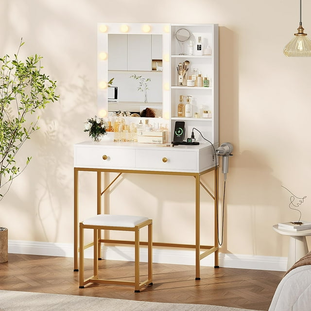 Vanity Desk with Mirror and Lights, Vanity Table Set with Stool, Drawers & Open Shelves, 3 Color Adjustable, Makeup Vanity with Power Outlets for Bedroom