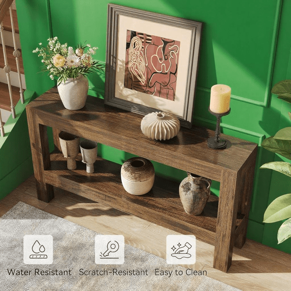 63" Rustic Farmhouse Console Table - 2-Tier Storage Shelves, Rich Brown Wood Grain, Sturdy MDF, Narrow Design for Entryway, Hallway, Living Room, Sofa Side