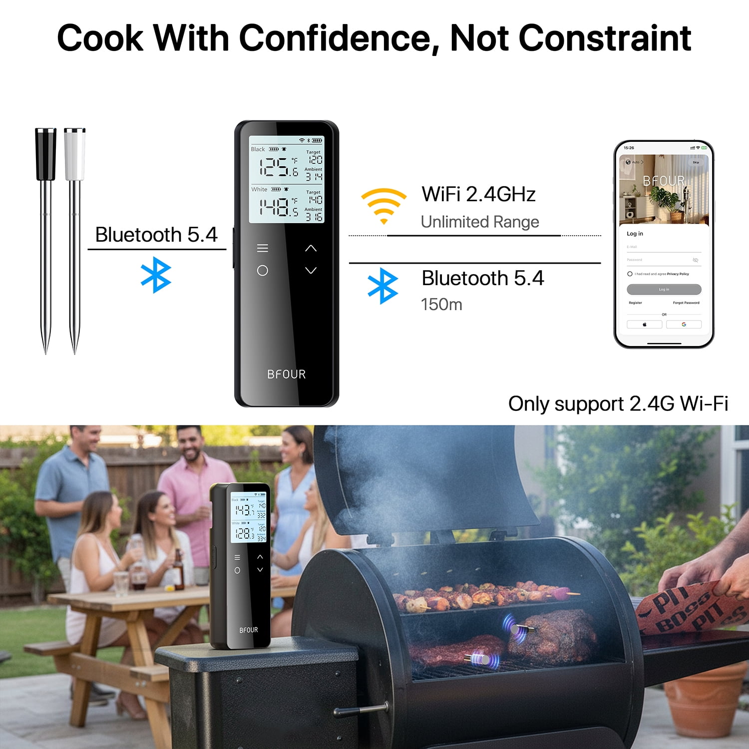 BFOUR BF-80 WiFi Bluetooth Meat Thermometer  with 2 probe