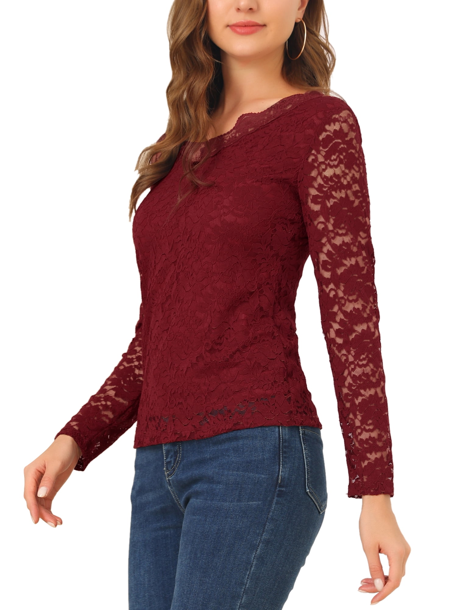 DARING DIVA Floral Lace Shirt Lace Scalloped Trim Blouse M Burgundy