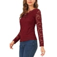 thumbnail image 4 of INSPIRE CHIC Valentine's Day Women's Floral Lace Top V-Neck Long Sleeve Lace Scalloped Trim Blouse XS Burgundy, 4 of 8