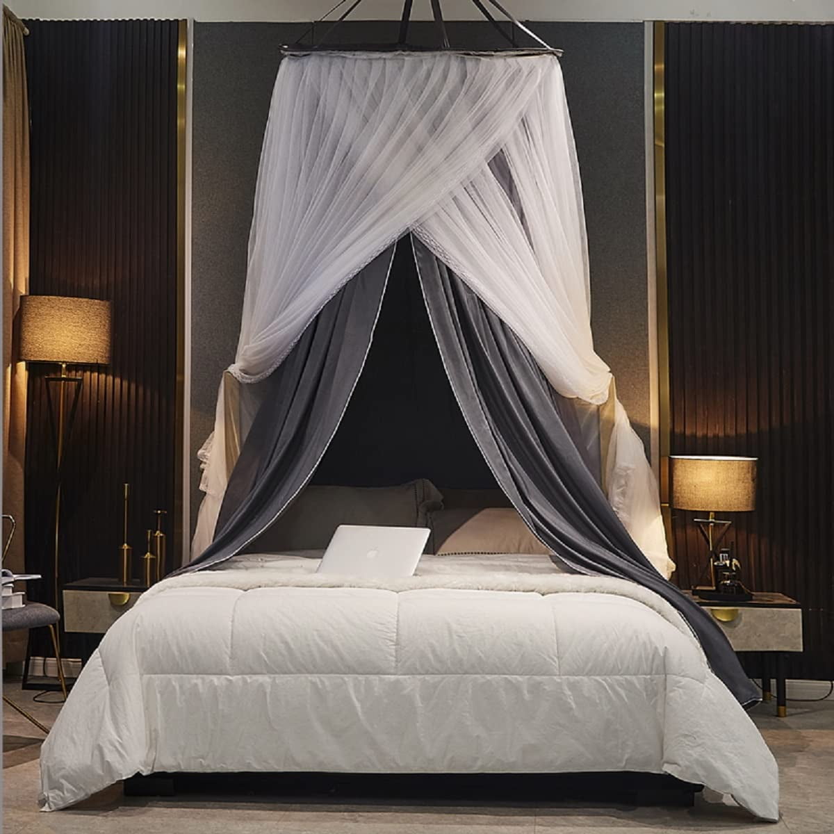 Luxurious Bed Canopy for Girls & Adults - Double Layer Princess Canopy with Lace, Round Dome Mosquito Netting for Queen/King Bed Tent (New Gray)