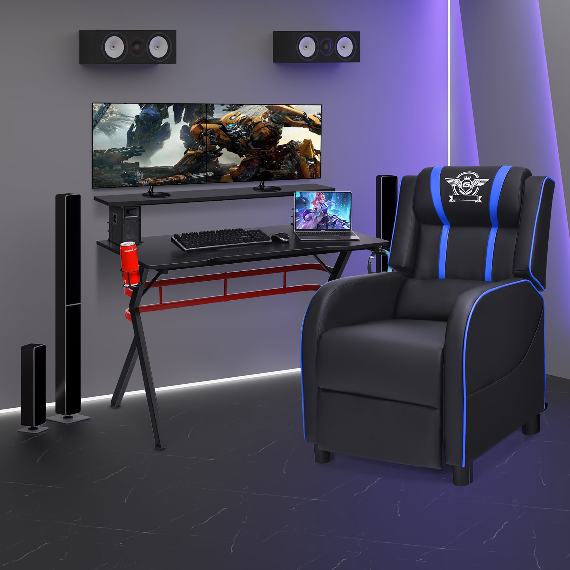 Costway Gaming Desk & Chair Set 48'' Computer Desk & Massage Recliner Chair Black + Blue