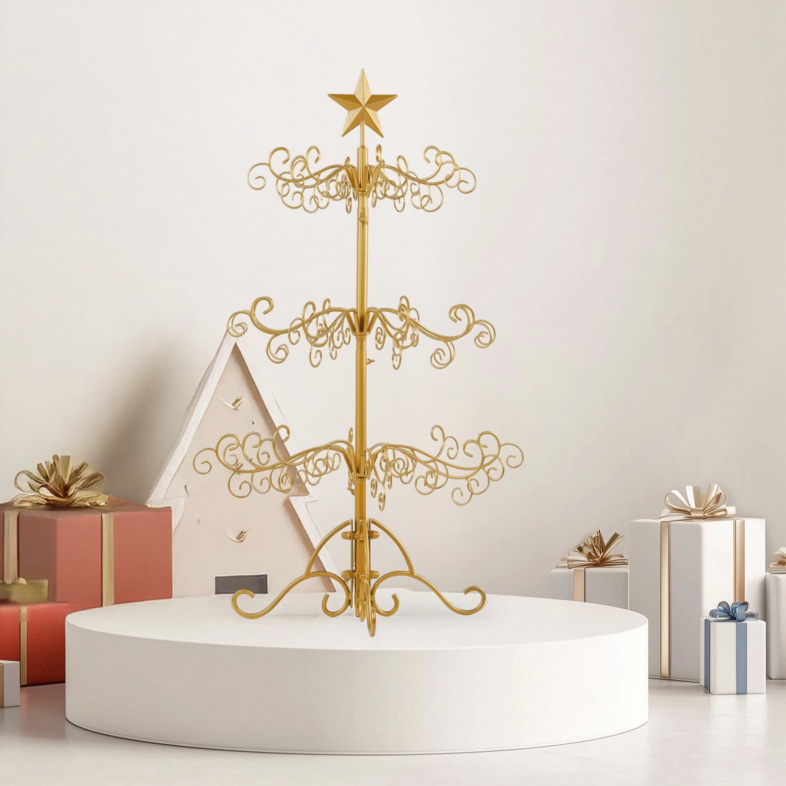Astoutdoor 3 ft Wrought Iron Christmas Tree, Gold Metal Ornament Display Stand for Holiday Party Home Decor, Indoor and Outdoor Hanger