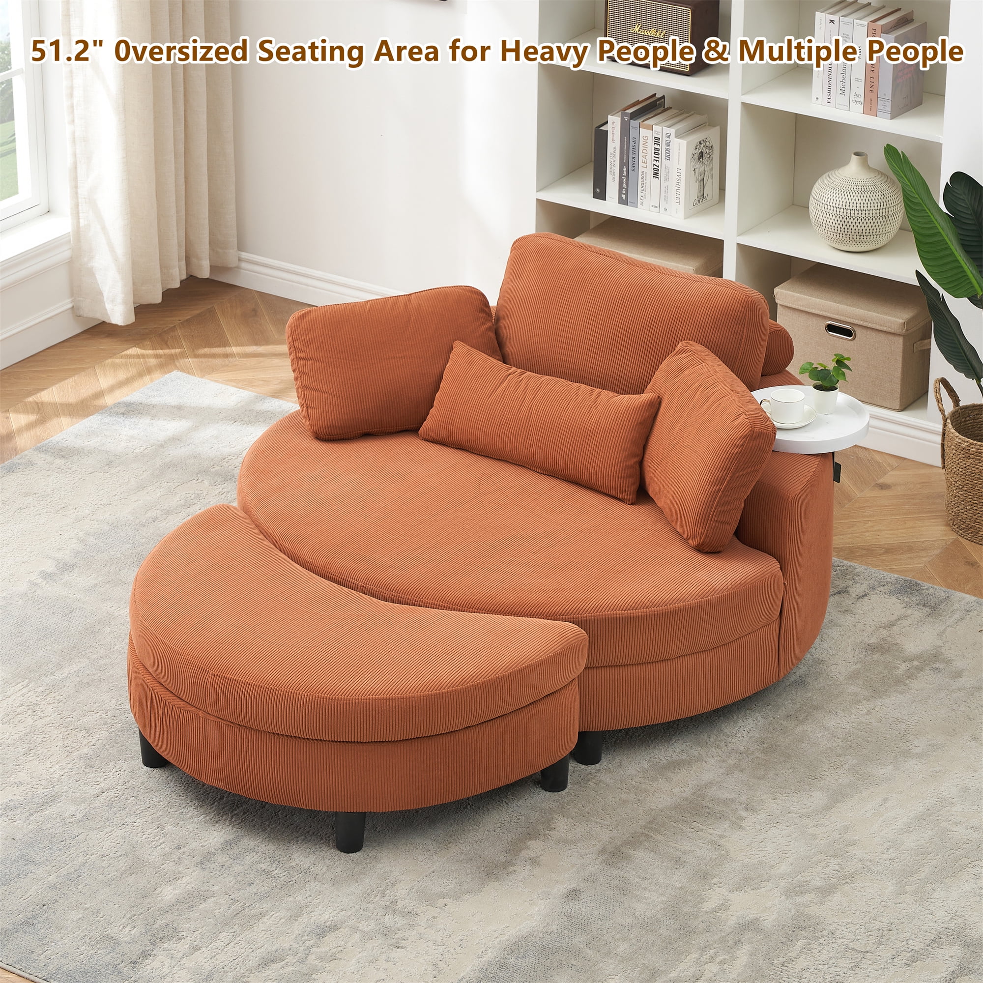 Aukfa 51" Oversized Accent Chair Round Barrel Chair with Storage Ottoman for Living Room, Corduroy, Orange