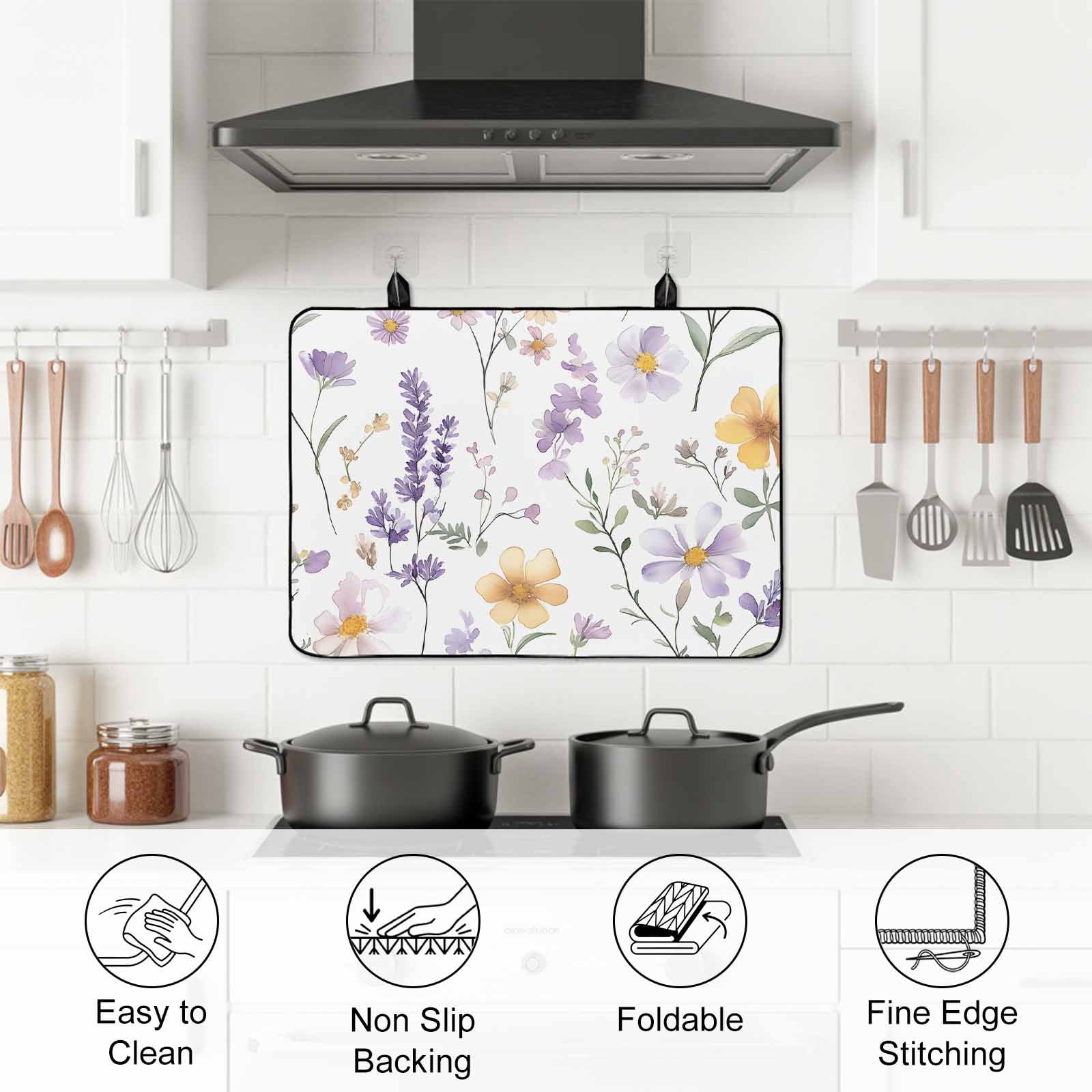 Purple Yellow Flowers Stove Top Cover for Electric Stove, Heat-proof & Non Slip Glass Top Stove Cover Protector, Spring Pastoral Botanical Floral Kitchen Flat Cooktop Rubber Mat 24x21 Inches