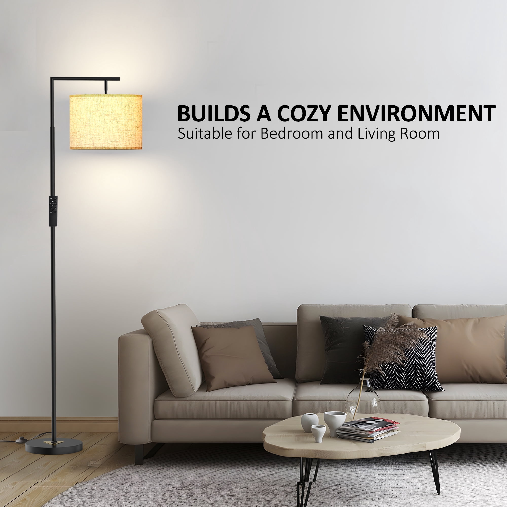JURULU Arc Floor Lamp, Modern Standing Lamp with Remote Control, Including 4 Color Temperature 9W LED Bulbs, 350º Adjustable Linen Lampshade, Ideal for Living Room, Bedroom, Office