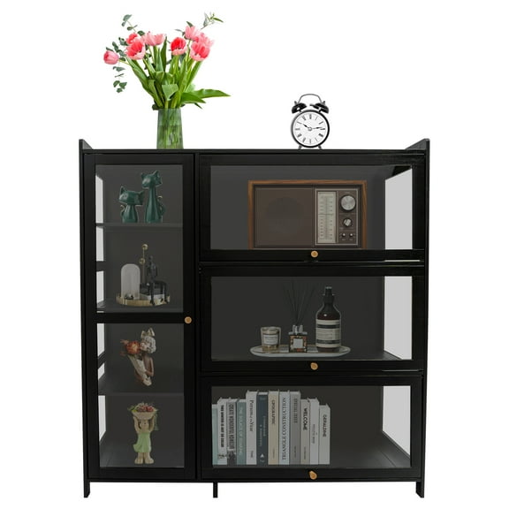 Miumaeov Black Storage Display Cabinet Visible Showcase with 4x Doors For Entryway Living Room