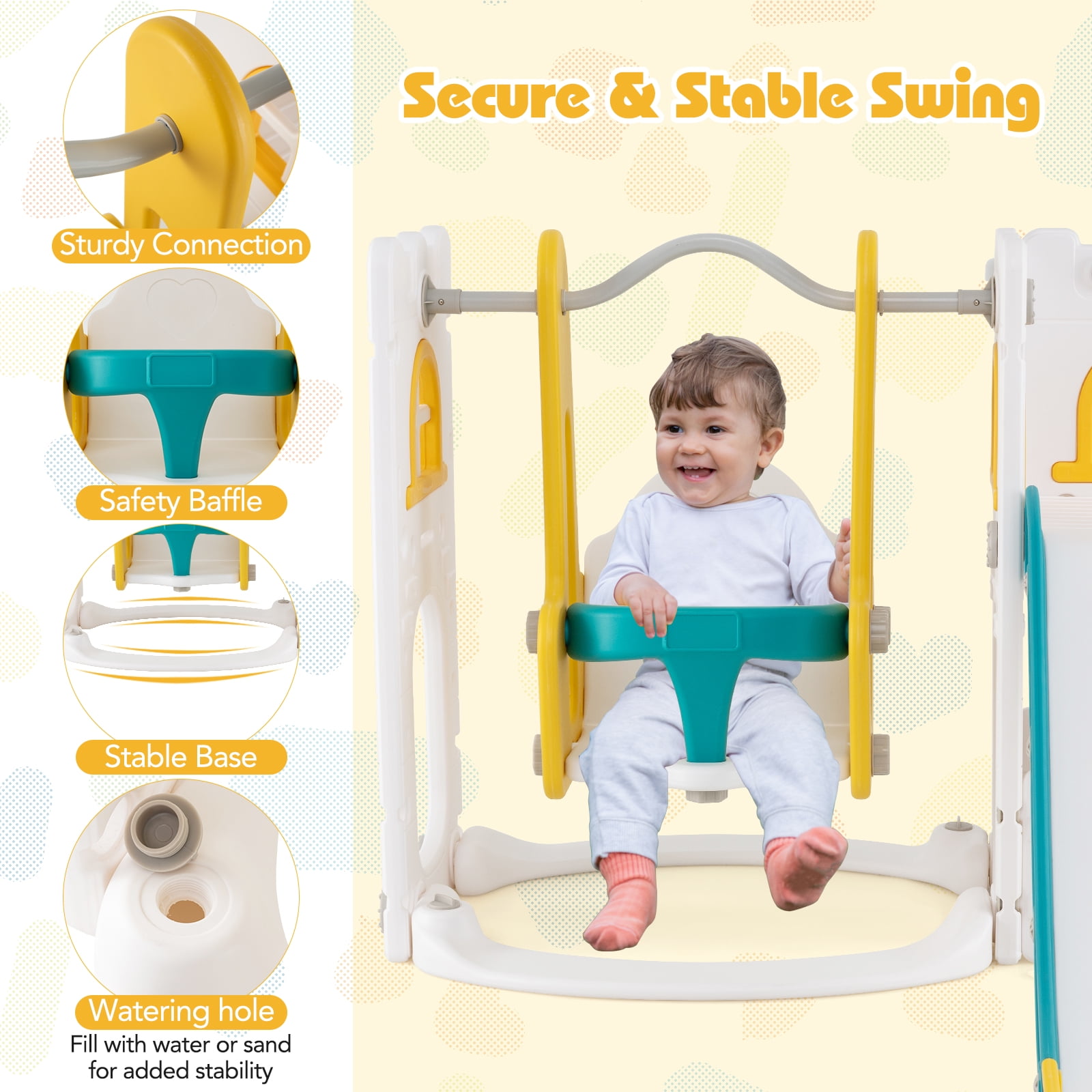Patiojoy 7 in 1 L-shaped Toddle Swing and Slide Set Freestanding Toddler Slide Playset w/ Swing Yellow