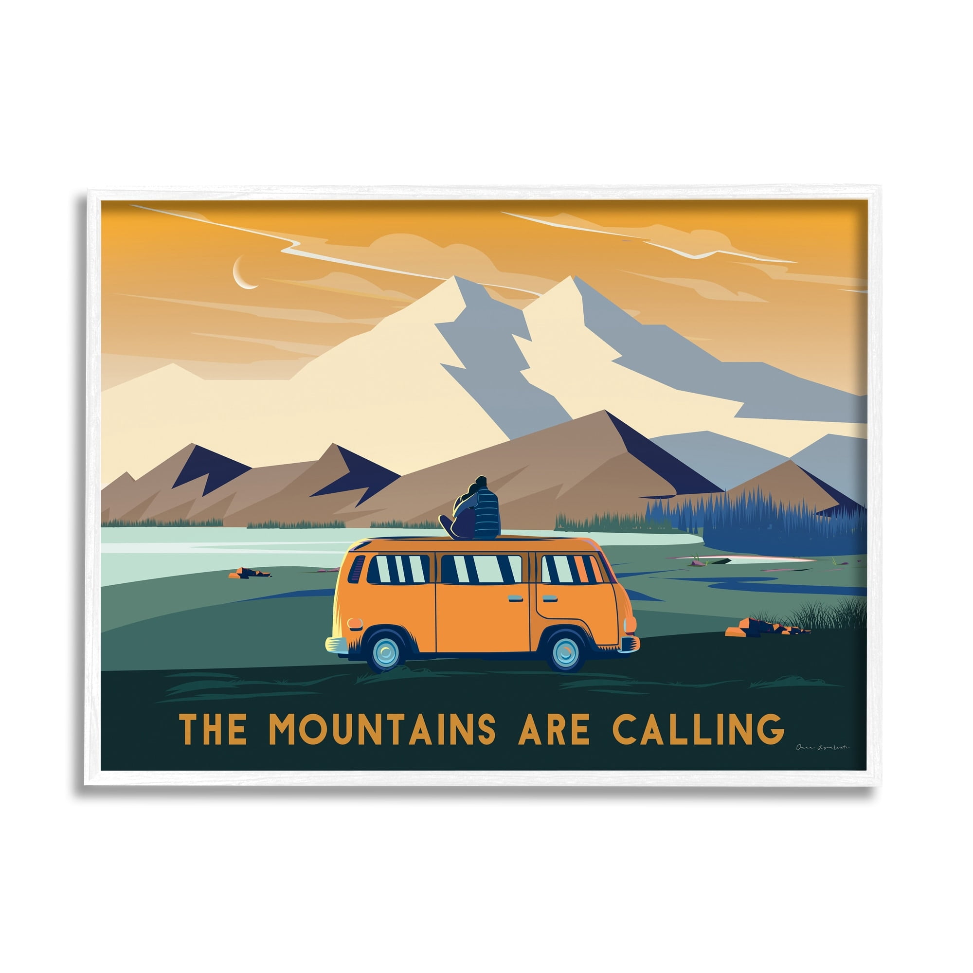 Stupell Industries Mountains Are Calling Bold Orange Van Travel Explore Quote Framed Wall Art, 20 x 16, Design by Omar Escalante