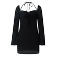 thumbnail image 6 of KOMOO Women Halter Mini Dress Flare Long Sleeve Short Dress Neck Square Cutout Ruched Bodycon Party Dress Summer Club Sundress, 6 of 9