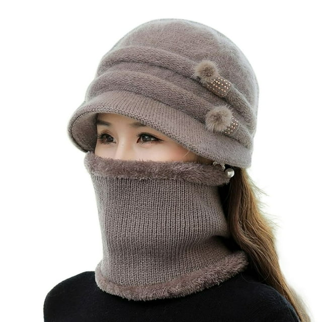 2Pcs/Set Short Brim Solid Color Ear Protection Hat Scarf Set Autumn Winter Women Knitted Plush Lining Cap Neckerchief Set