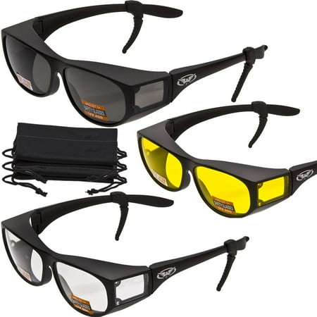 

3 PAIRS- Escort Advanced System Safety Glasses Fits Over Most Prescription Eyewear - FREE Rubber EAR LOCKS and Microfiber Pouch! -Gloss Black Frame
