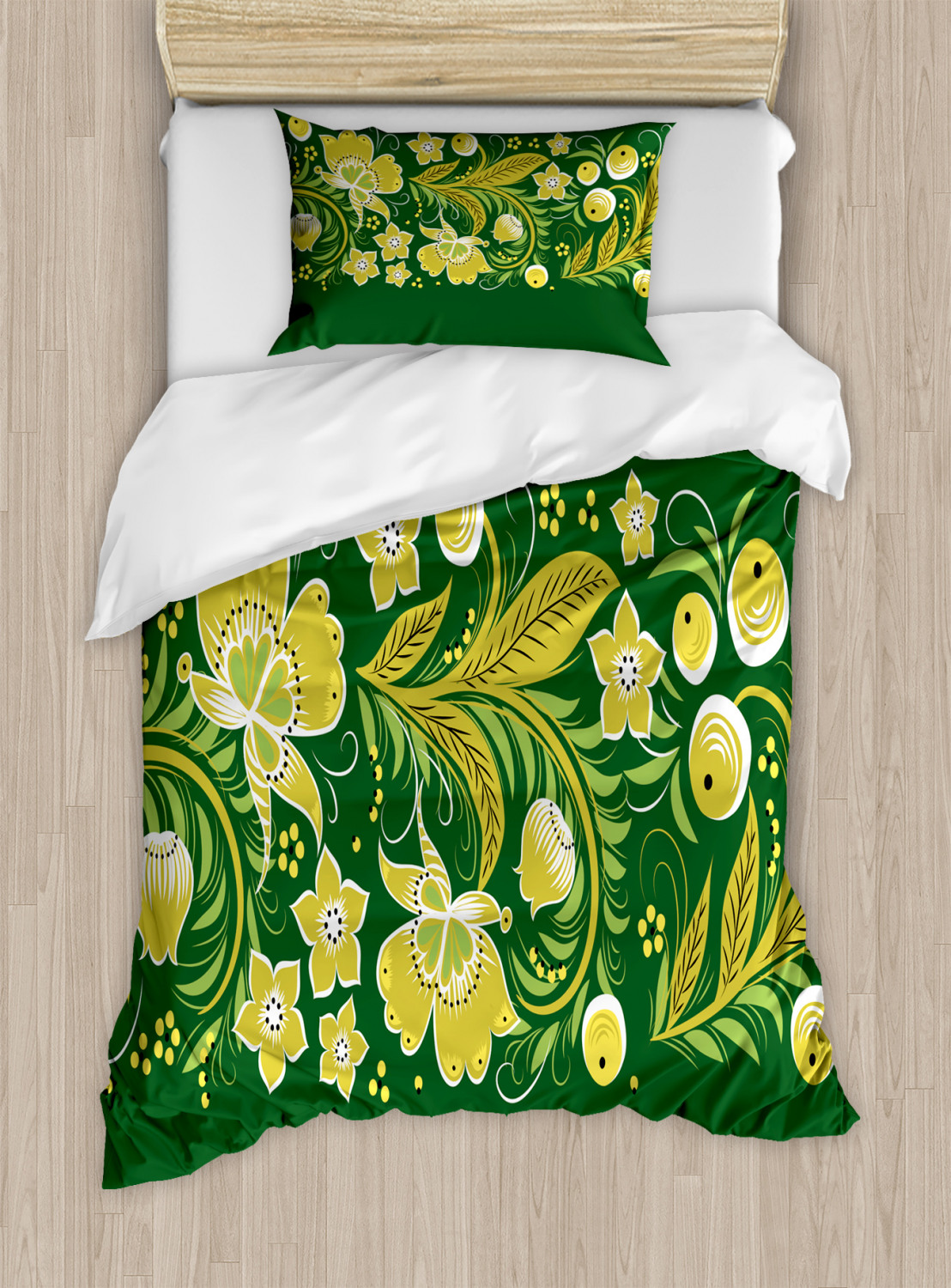 Russian Duvet Cover Set Twin Size, Floral Khokhloma Eastern Slavic