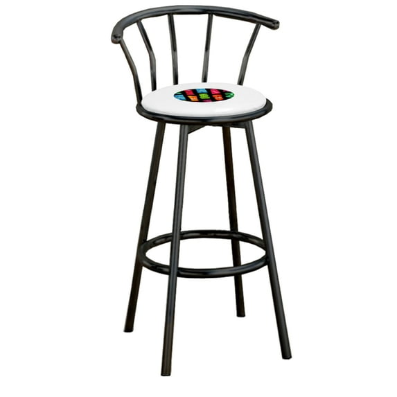 The Furniture King Bar Stool Black Metal Finish with a Tiki or Tropical Themed Decal (Tiki Black Large - White)