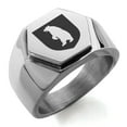 thumbnail image 1 of Stainless Steel Bear Ferocity Coat of Arms Shield Engraved Hexagon Crest Flat Top Biker Style Polished Ring, 1 of 1