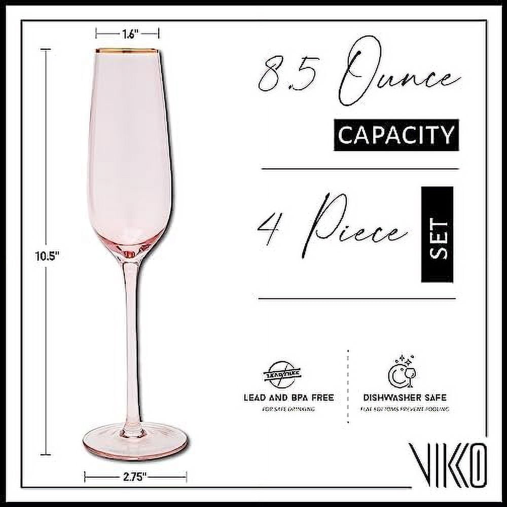Vikko Champagne Flutes, 8.5 Ounce Toasting Champagne Flute, Pink with Gold Rim Crystal Clear Champagne Glasses, Set of 4 Elegant Sparkling Wine Glasses