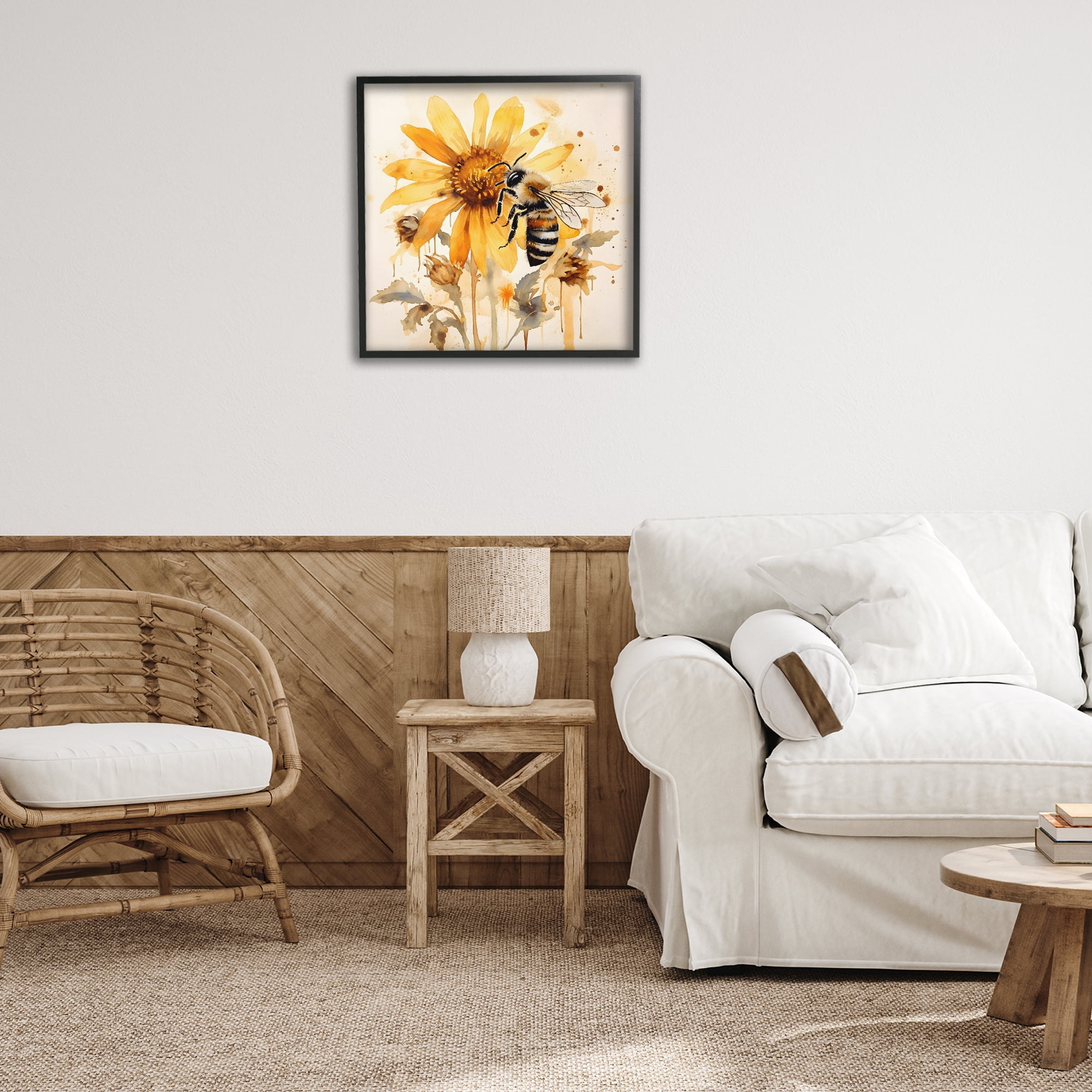Stupell Industries Busy Bee with Flower Animals & Insects Painting Black Framed Art Print Wall Art, 24 x 24