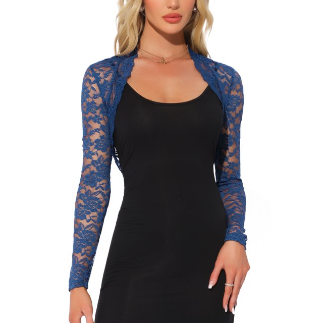 INSPIRAR CHIC Cárdigan Corto de Manga Larga Abierto de Encaje Floral para Mujeres Azul XL